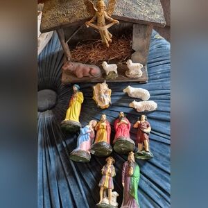 Vintage Chalkware Nativity Set (c.1940s) Handmade Barn W/original Straw READ